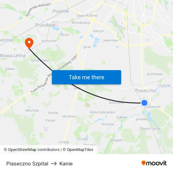 Piaseczno Szpital to Kanie map
