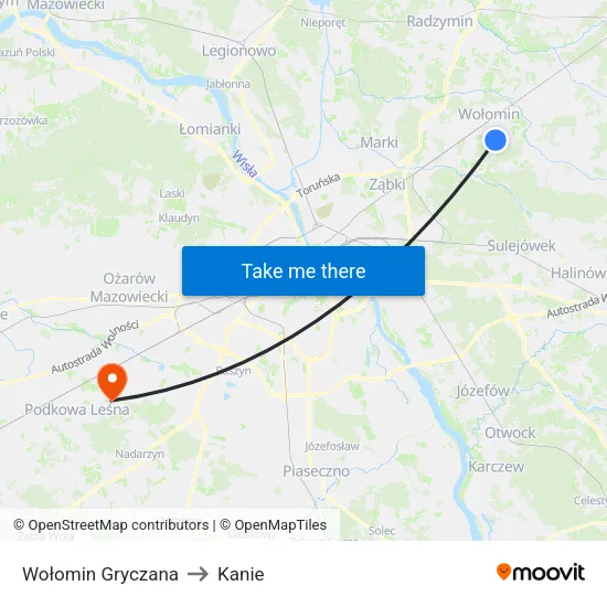 Wołomin Gryczana to Kanie map