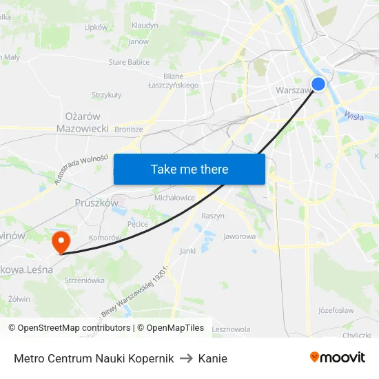 Metro Centrum Nauki Kopernik to Kanie map