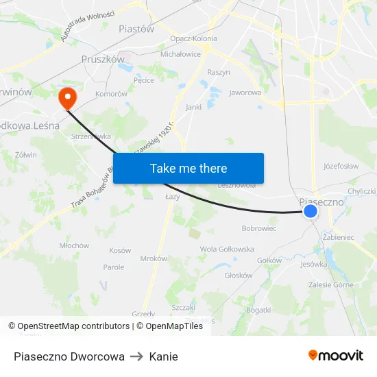 Piaseczno Dworcowa to Kanie map