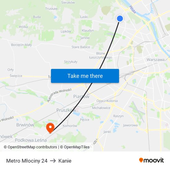 Metro Młociny to Kanie map