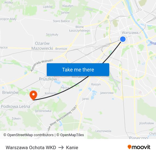 Warszawa Ochota WKD to Kanie map