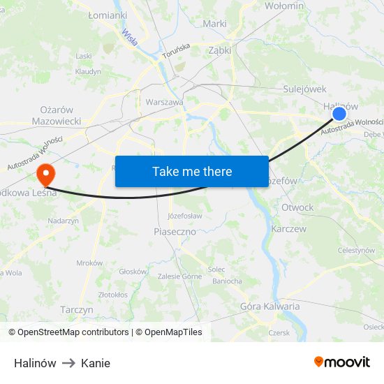 Halinów to Kanie map