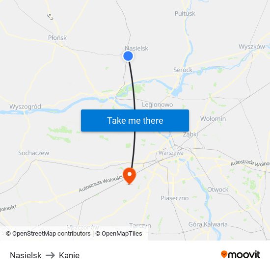 Nasielsk to Kanie map