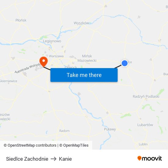 Siedlce Zachodnie to Kanie map