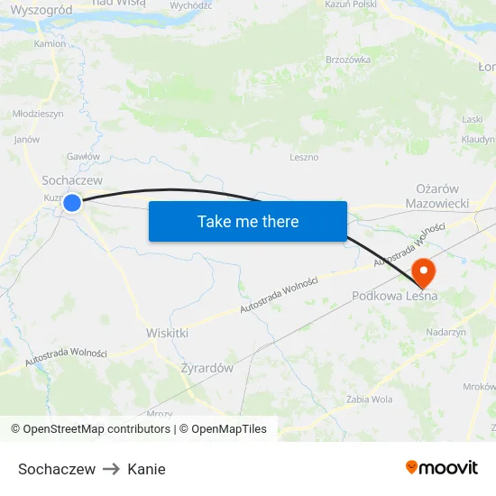 Sochaczew to Kanie map