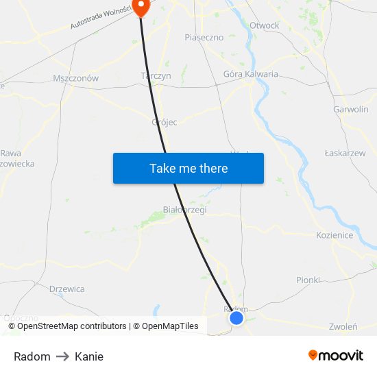 Radom to Kanie map