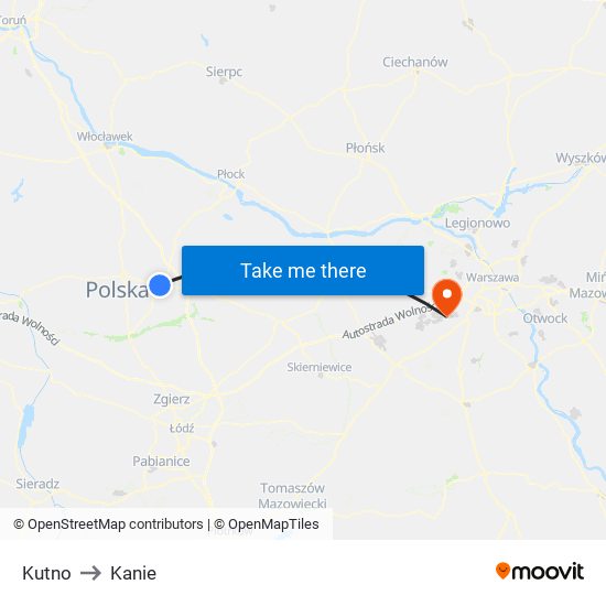 Kutno to Kanie map