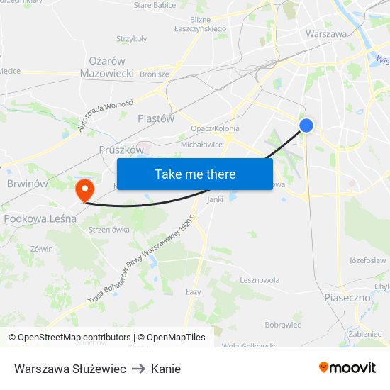 Warszawa Służewiec to Kanie map