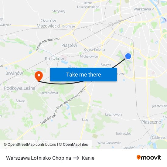 Warszawa Lotnisko Chopina to Kanie map