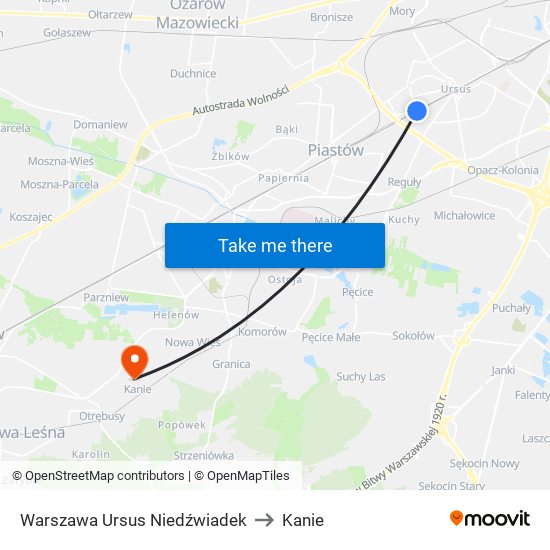 Warszawa Ursus Niedźwiadek to Kanie map