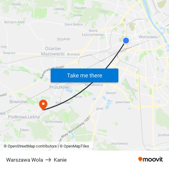 Warszawa Wola to Kanie map