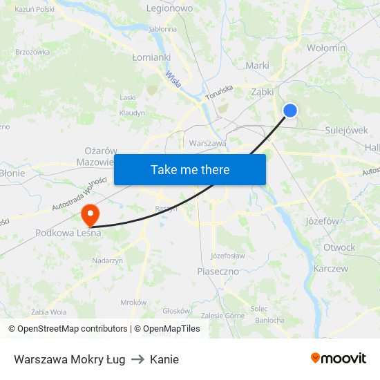Warszawa Mokry Ług to Kanie map
