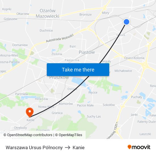 Warszawa Ursus Północny to Kanie map