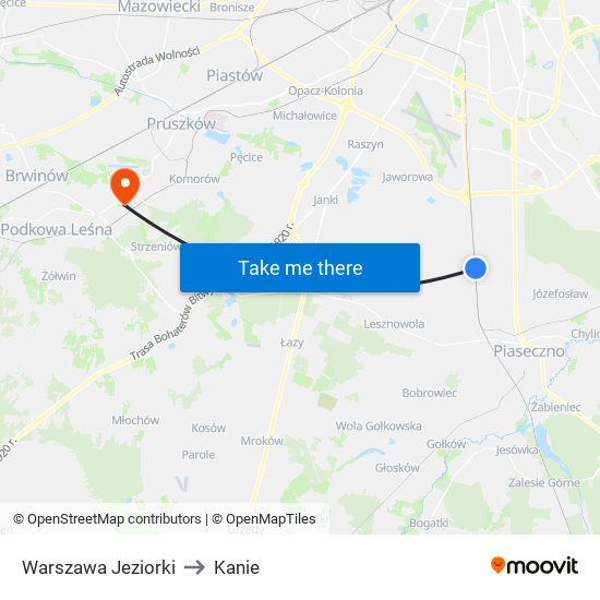 Warszawa Jeziorki to Kanie map