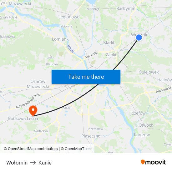 Wołomin to Kanie map