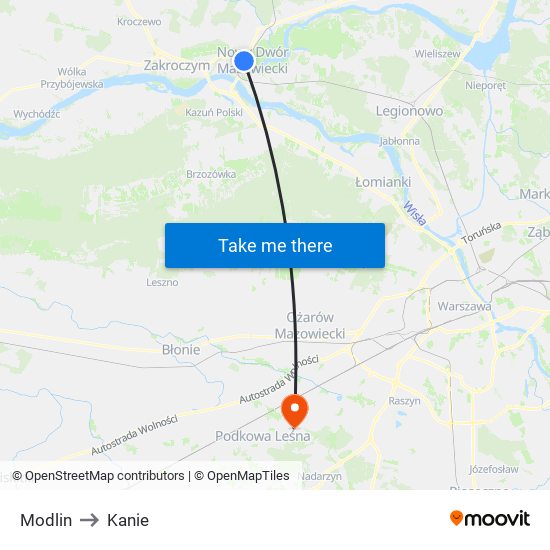 Modlin to Kanie map