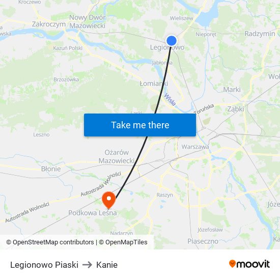 Legionowo Piaski to Kanie map