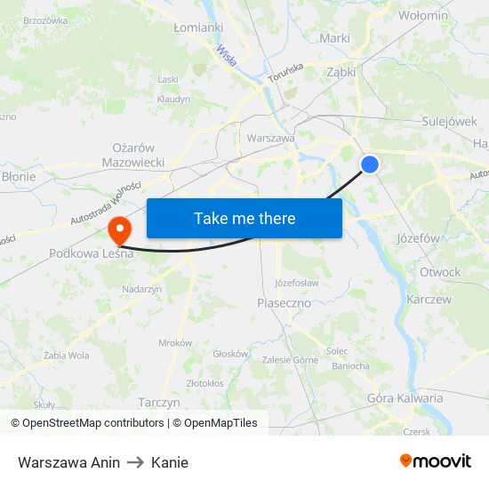 Warszawa Anin to Kanie map