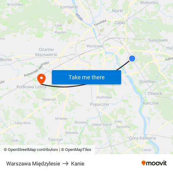 Warszawa Międzylesie to Kanie map