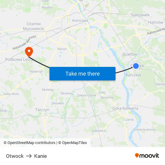 Otwock to Kanie map