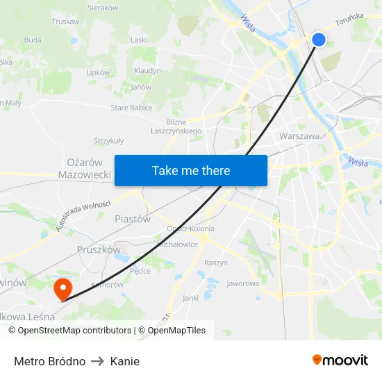 Metro Bródno to Kanie map