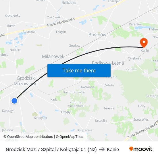 Grodzisk Maz. / Szpital / Kołłątaja (Nż) to Kanie map