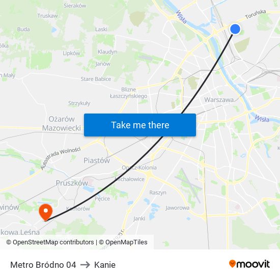 Metro Bródno to Kanie map