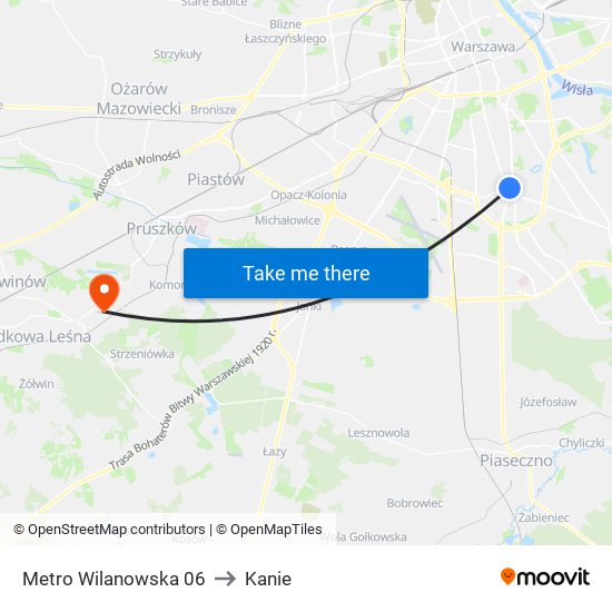 Metro Wilanowska to Kanie map