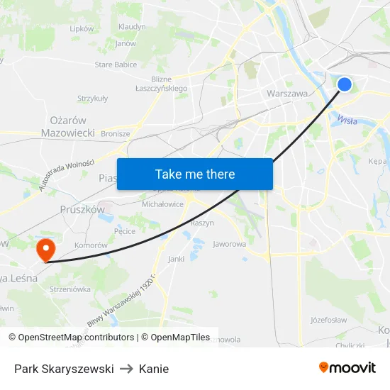 Park Skaryszewski to Kanie map