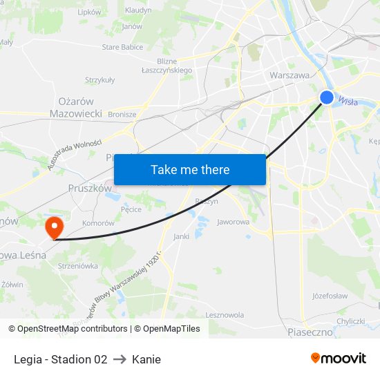 Legia - Stadion 02 to Kanie map