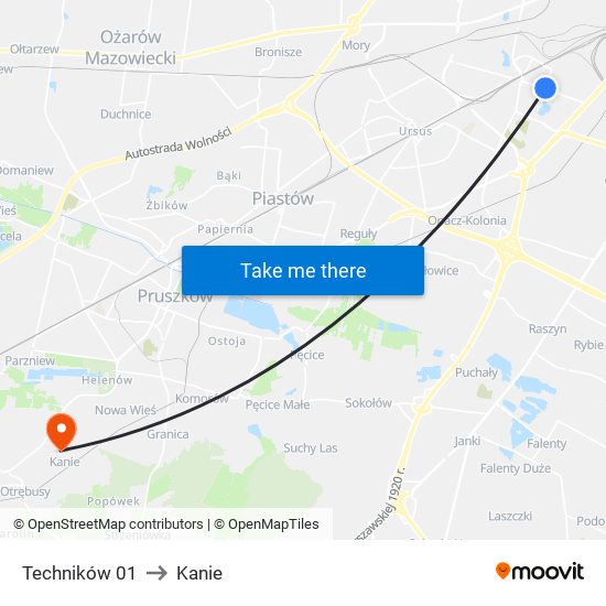 Techników to Kanie map