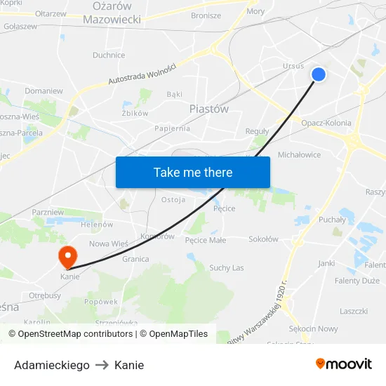 Adamieckiego to Kanie map
