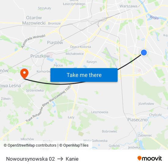 Nowoursynowska to Kanie map