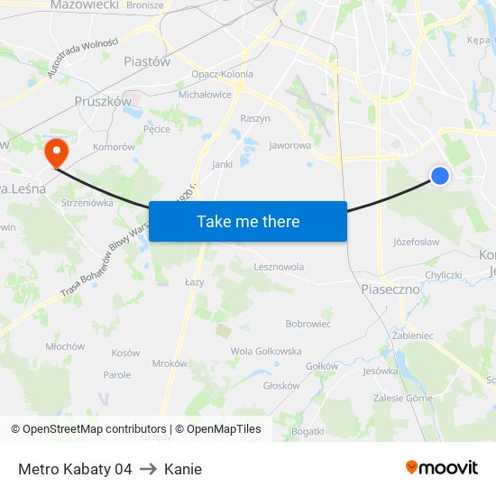 Metro Kabaty to Kanie map