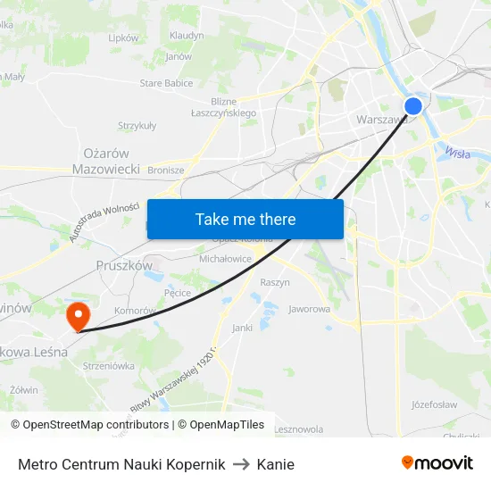 Metro Centrum Nauki Kopernik to Kanie map