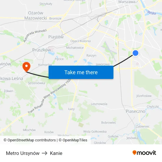 Metro Ursynów to Kanie map