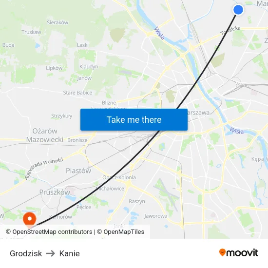 Grodzisk to Kanie map