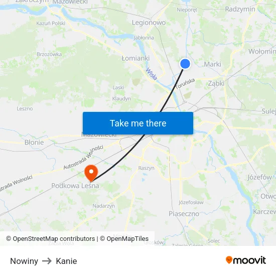 Nowiny to Kanie map