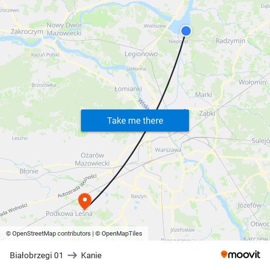 Białobrzegi to Kanie map