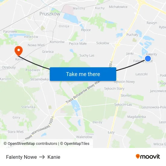 Falenty Nowe to Kanie map