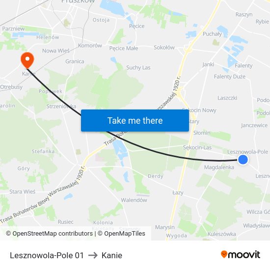 Lesznowola-Pole to Kanie map