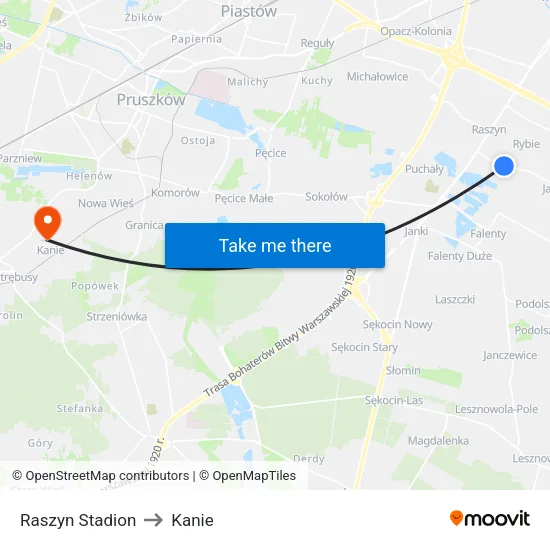 Raszyn Stadion to Kanie map