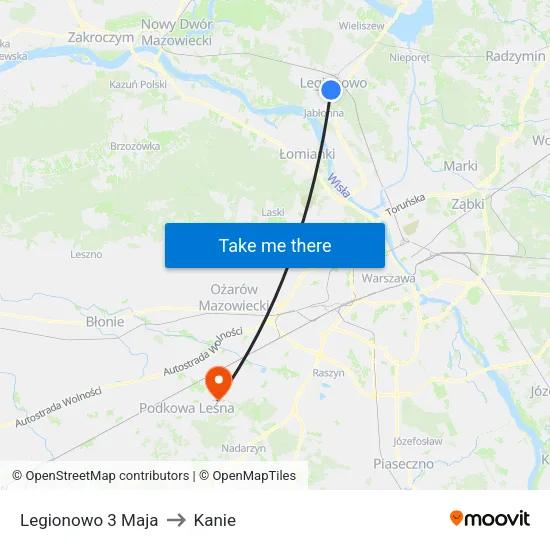 Legionowo 3 Maja to Kanie map