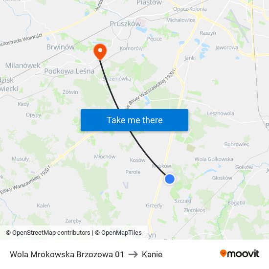 Warszawianka Brzozowa to Kanie map