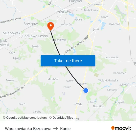 Warszawianka Brzozowa to Kanie map