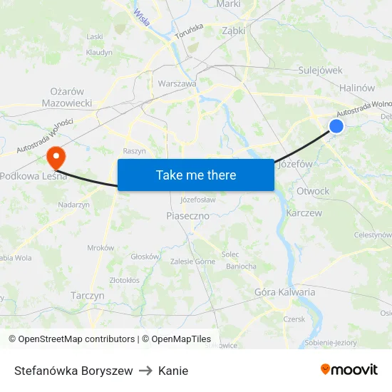 Stefanówka Boryszew to Kanie map
