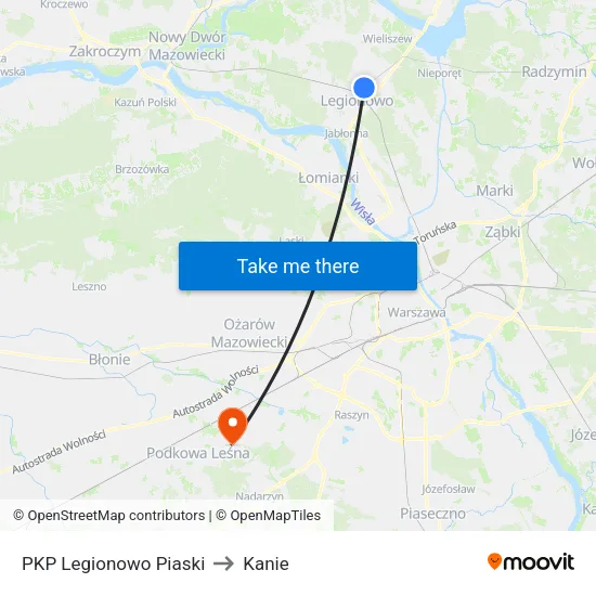 PKP Legionowo Piaski to Kanie map