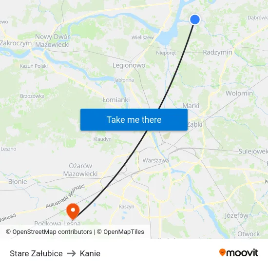 Stare Załubice to Kanie map