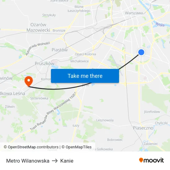 Metro Wilanowska to Kanie map